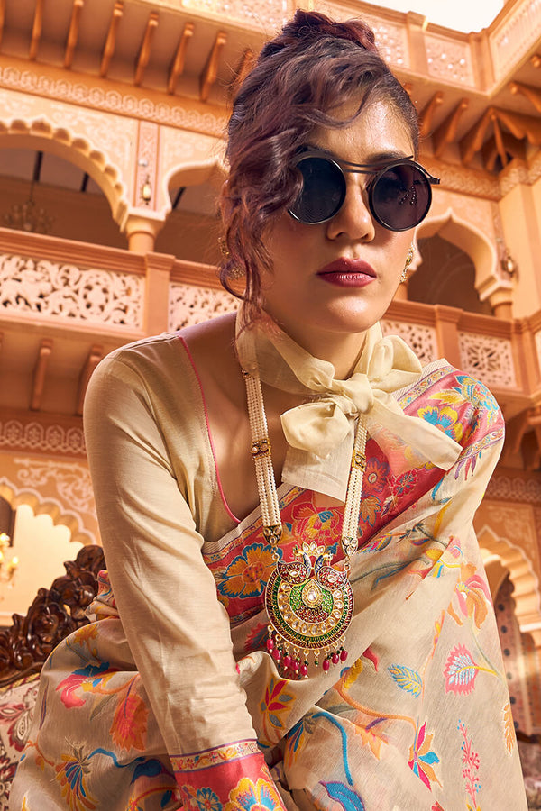 Elegant Beige Linen Silk Saree With Surpassing Blouse Piece Bvipul