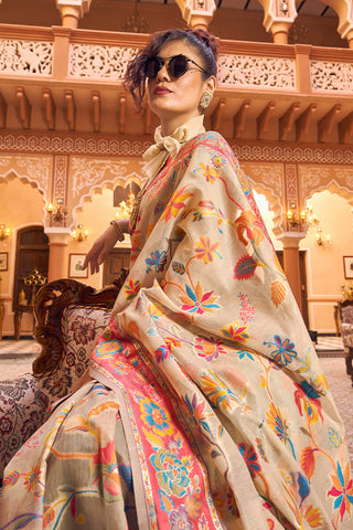 Elegant Beige Linen Silk Saree With Surpassing Blouse Piece Bvipul