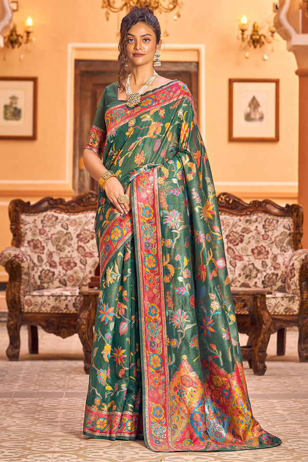 Eye-catching Dark Green Linen Silk Saree With Beautiful Blouse Piece Bvipul