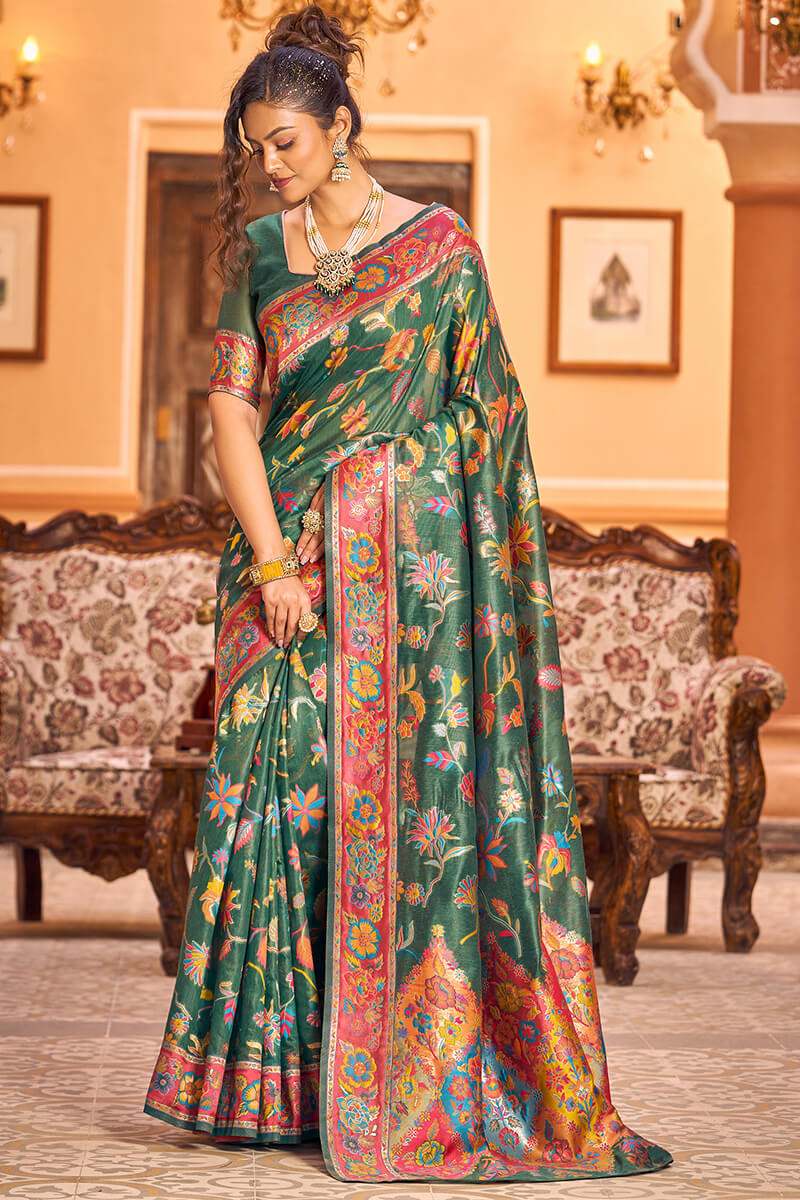 Eye-catching Dark Green Linen Silk Saree With Beautiful Blouse Piece Bvipul