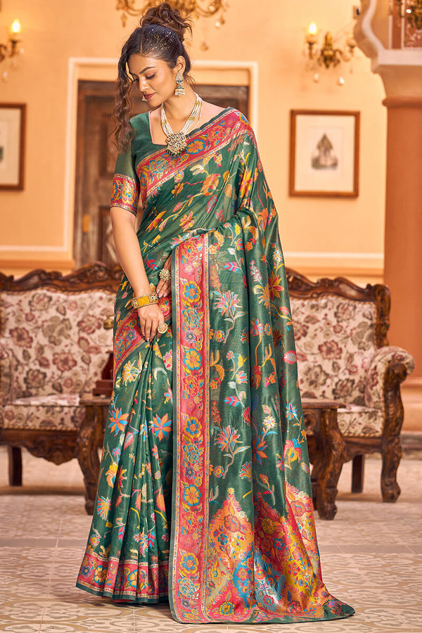 Eye-catching Dark Green Linen Silk Saree With Beautiful Blouse Piece Bvipul