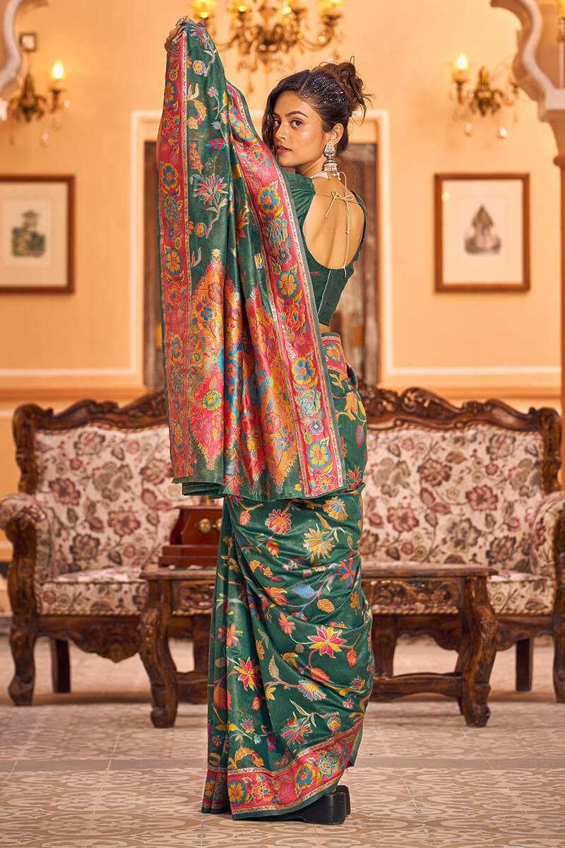 Eye-catching Dark Green Linen Silk Saree With Beautiful Blouse Piece Bvipul