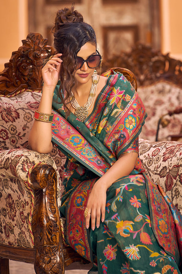 Eye-catching Dark Green Linen Silk Saree With Beautiful Blouse Piece Bvipul