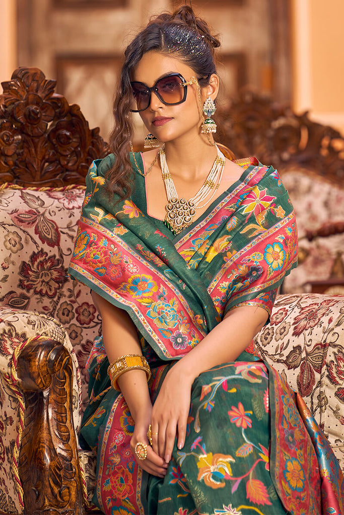 Eye-catching Dark Green Linen Silk Saree With Beautiful Blouse Piece Bvipul