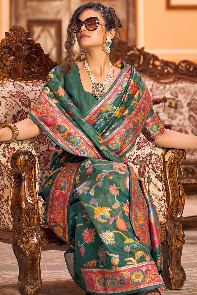 Eye-catching Dark Green Linen Silk Saree With Beautiful Blouse Piece Bvipul