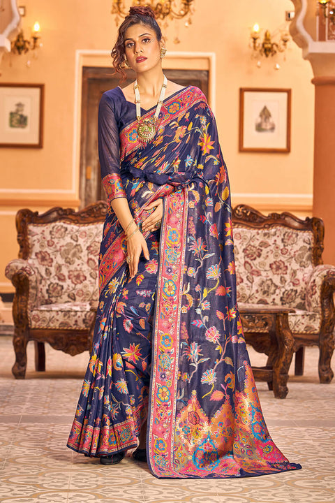 Girlish Navy Blue Linen Silk Saree With Engrossing Blouse Piece Bvipul Main image