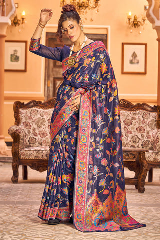 Girlish Navy Blue Linen Silk Saree With Engrossing Blouse Piece Bvipul
