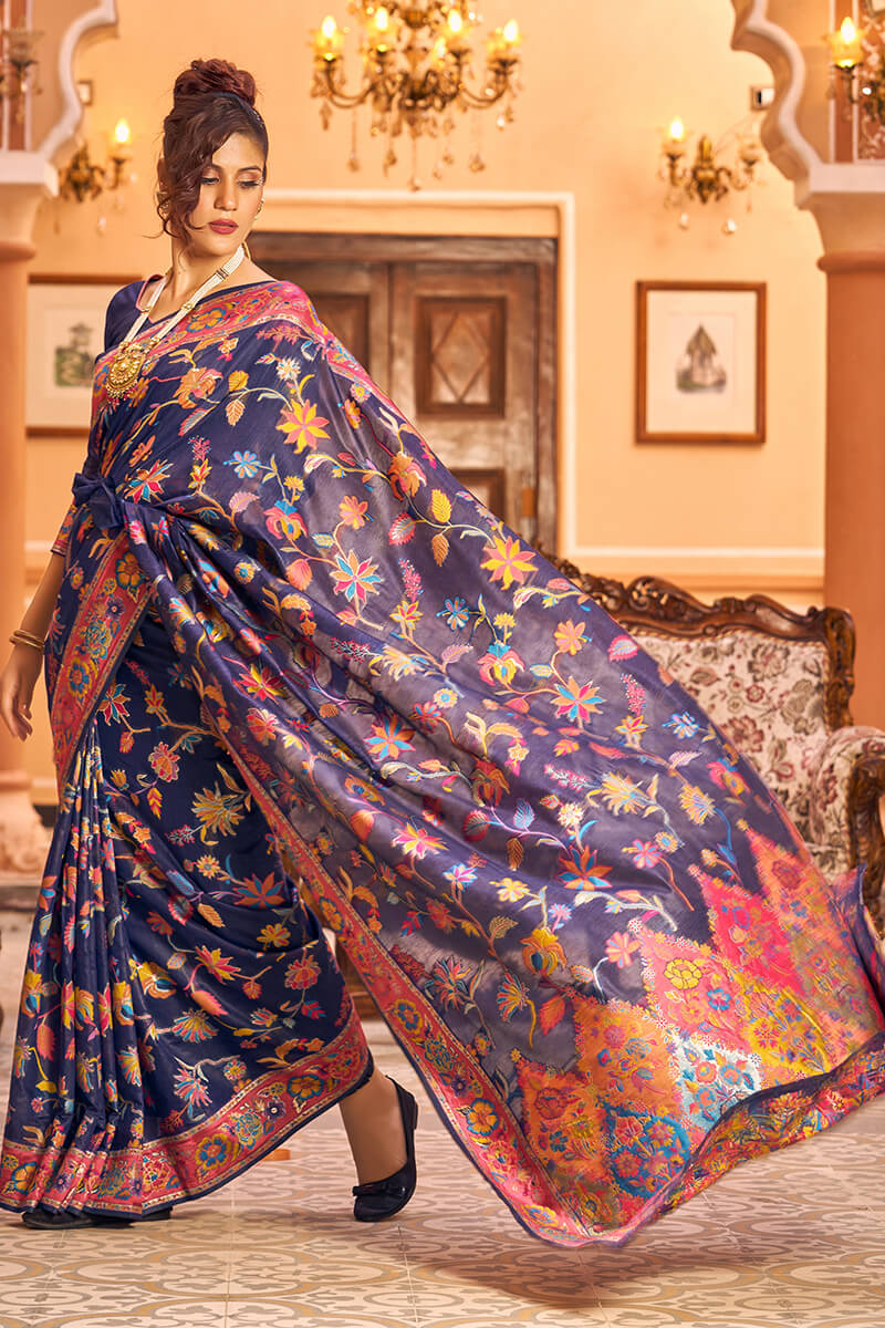 Girlish Navy Blue Linen Silk Saree With Engrossing Blouse Piece Bvipul