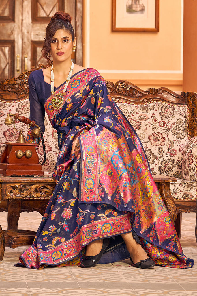 Girlish Navy Blue Linen Silk Saree With Engrossing Blouse Piece Bvipul
