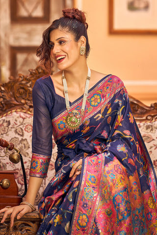 Girlish Navy Blue Linen Silk Saree With Engrossing Blouse Piece Bvipul