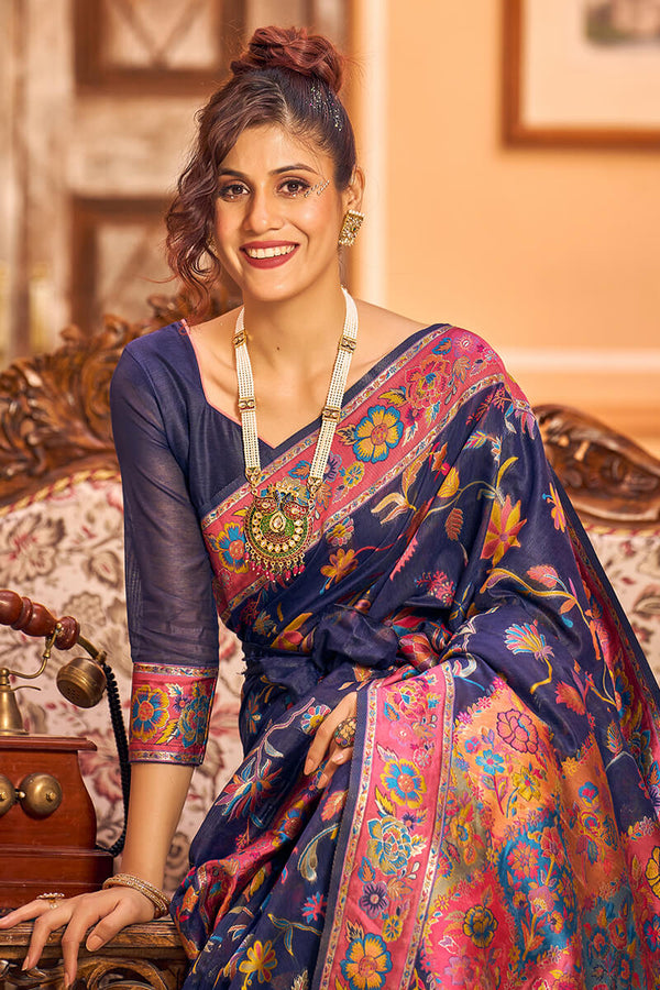 Girlish Navy Blue Linen Silk Saree With Engrossing Blouse Piece Bvipul