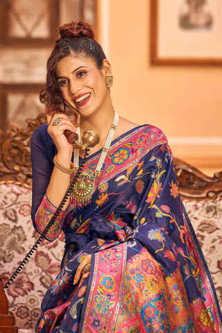Girlish Navy Blue Linen Silk Saree With Engrossing Blouse Piece Bvipul