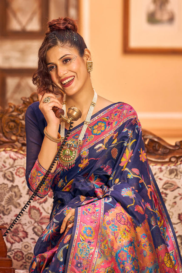 Girlish Navy Blue Linen Silk Saree With Engrossing Blouse Piece Bvipul