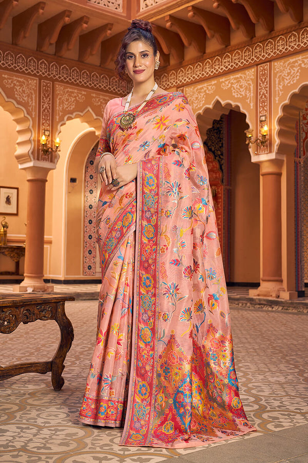 Impressive Peach Linen Silk Saree With Groovy Blouse Piece Bvipul
