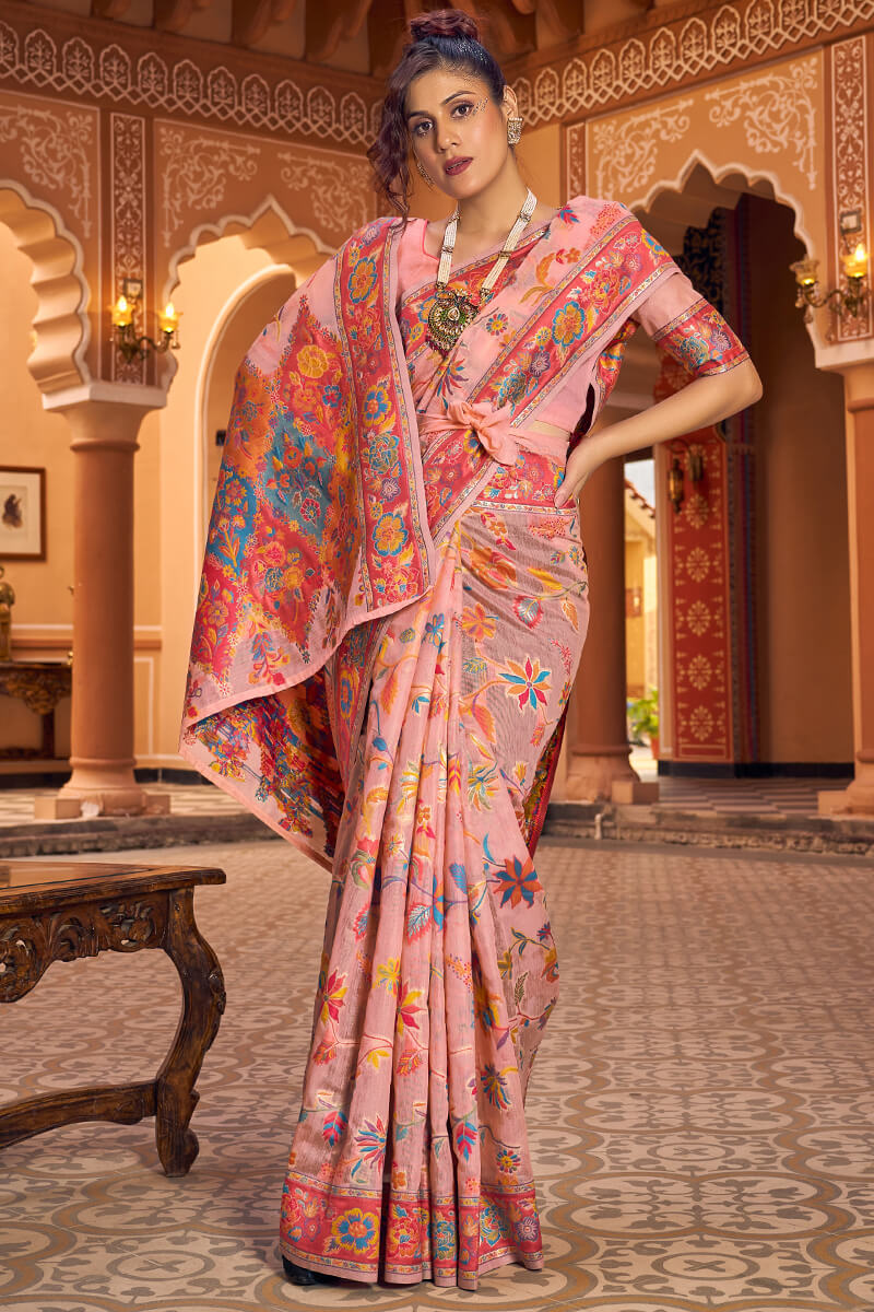 Impressive Peach Linen Silk Saree With Groovy Blouse Piece Bvipul