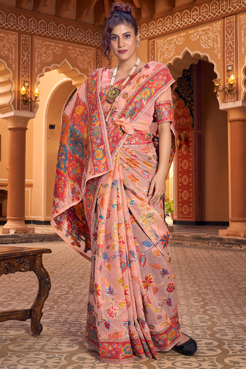 Impressive Peach Linen Silk Saree With Groovy Blouse Piece Bvipul