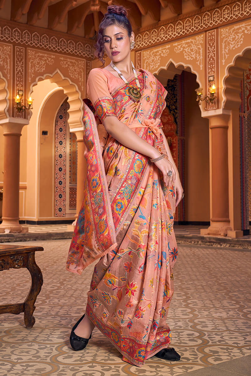 Impressive Peach Linen Silk Saree With Groovy Blouse Piece Bvipul