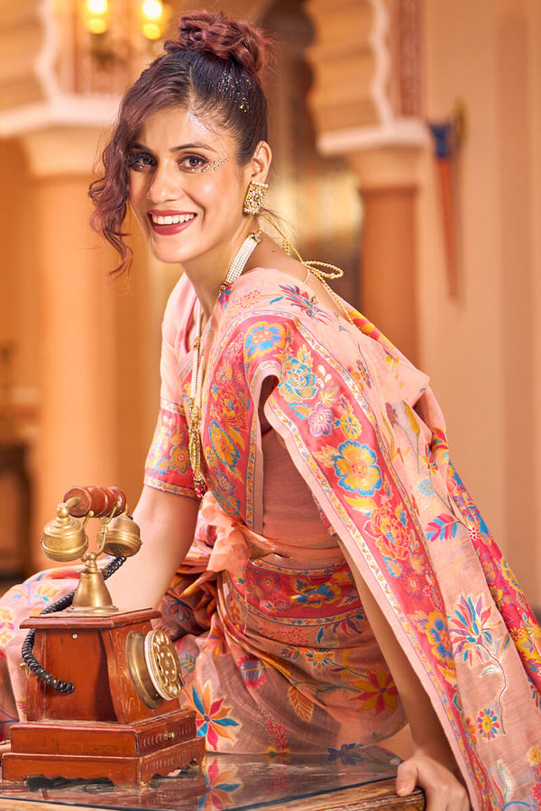 Impressive Peach Linen Silk Saree With Groovy Blouse Piece Bvipul