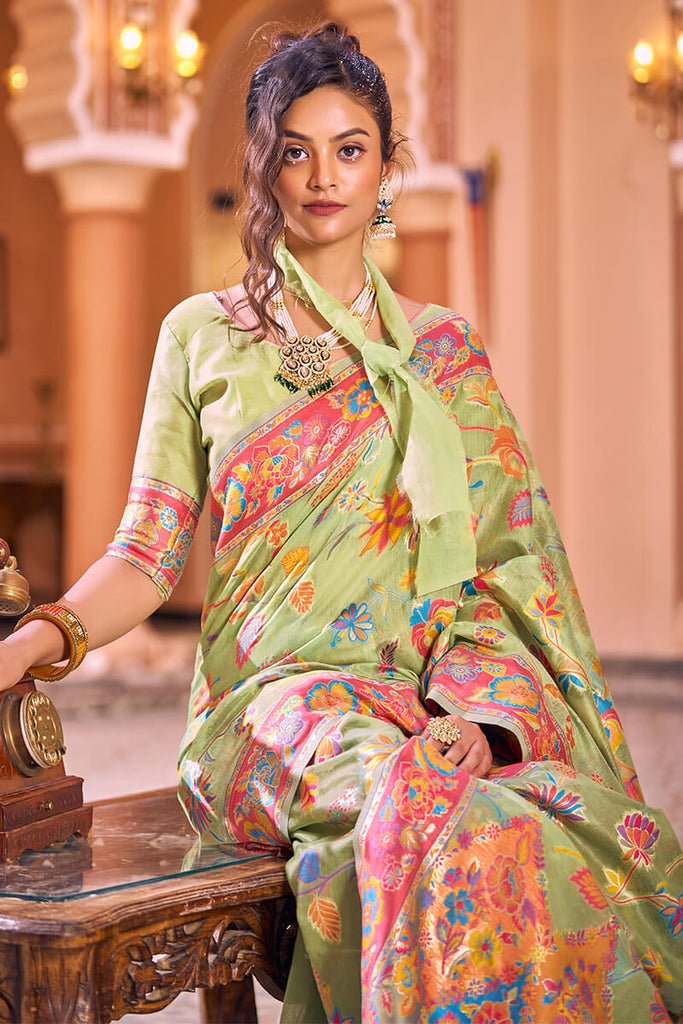 Surpassing Pista Linen Silk Saree With Flamboyant Blouse Piece Bvipul