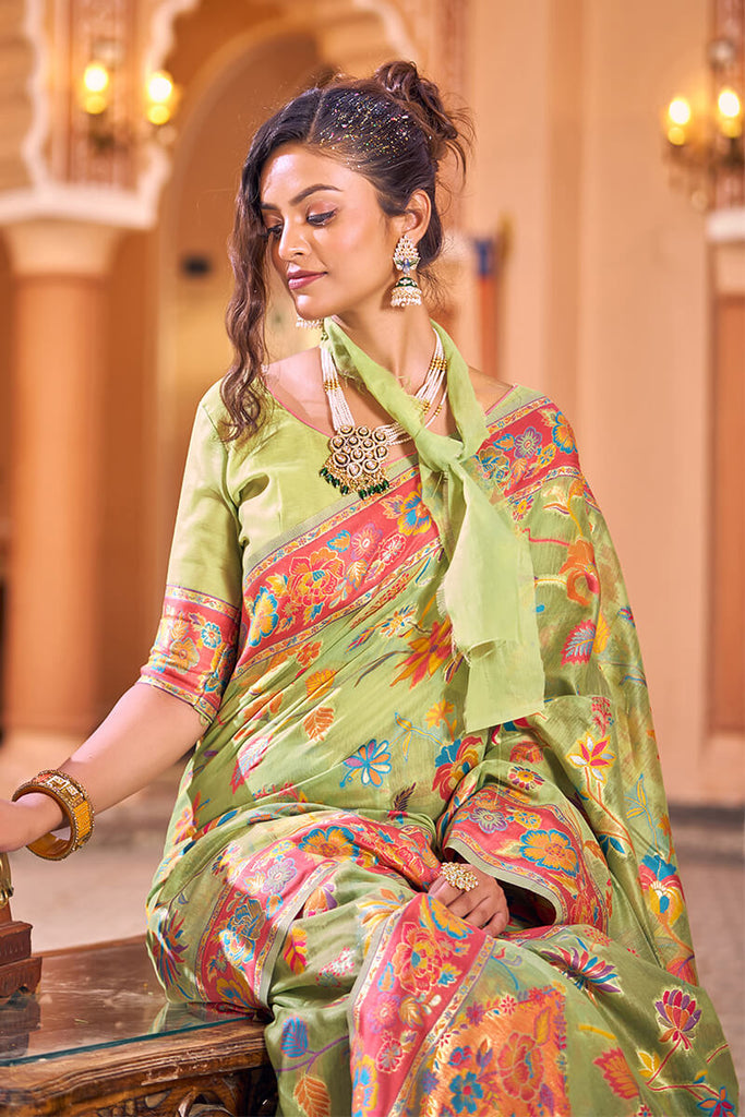 Surpassing Pista Linen Silk Saree With Flamboyant Blouse Piece Bvipul