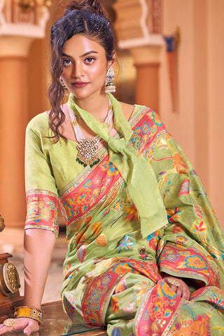 Surpassing Pista Linen Silk Saree With Flamboyant Blouse Piece Bvipul