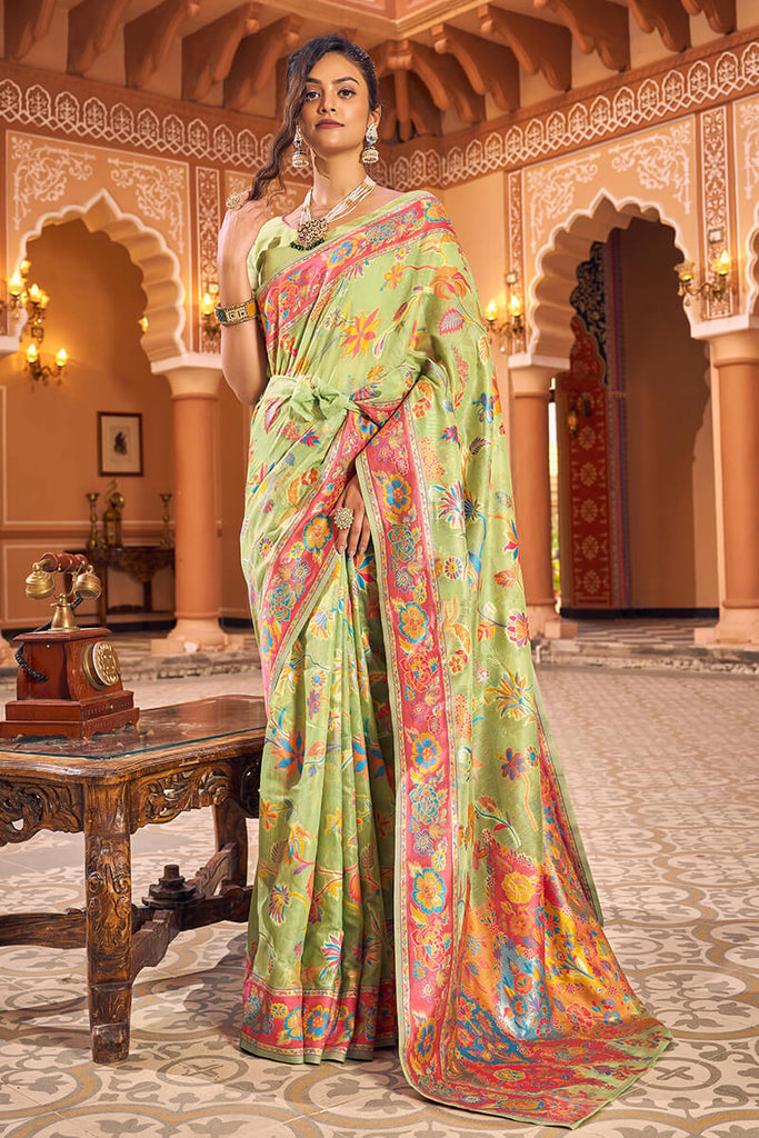 Surpassing Pista Linen Silk Saree With Flamboyant Blouse Piece Bvipul