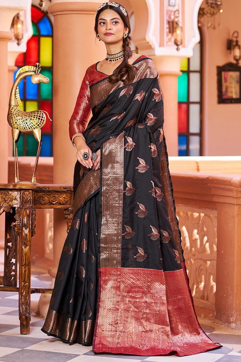 Flameboyant Black Soft Banarasi Silk Saree With Desirable Blouse Piece Bvipul