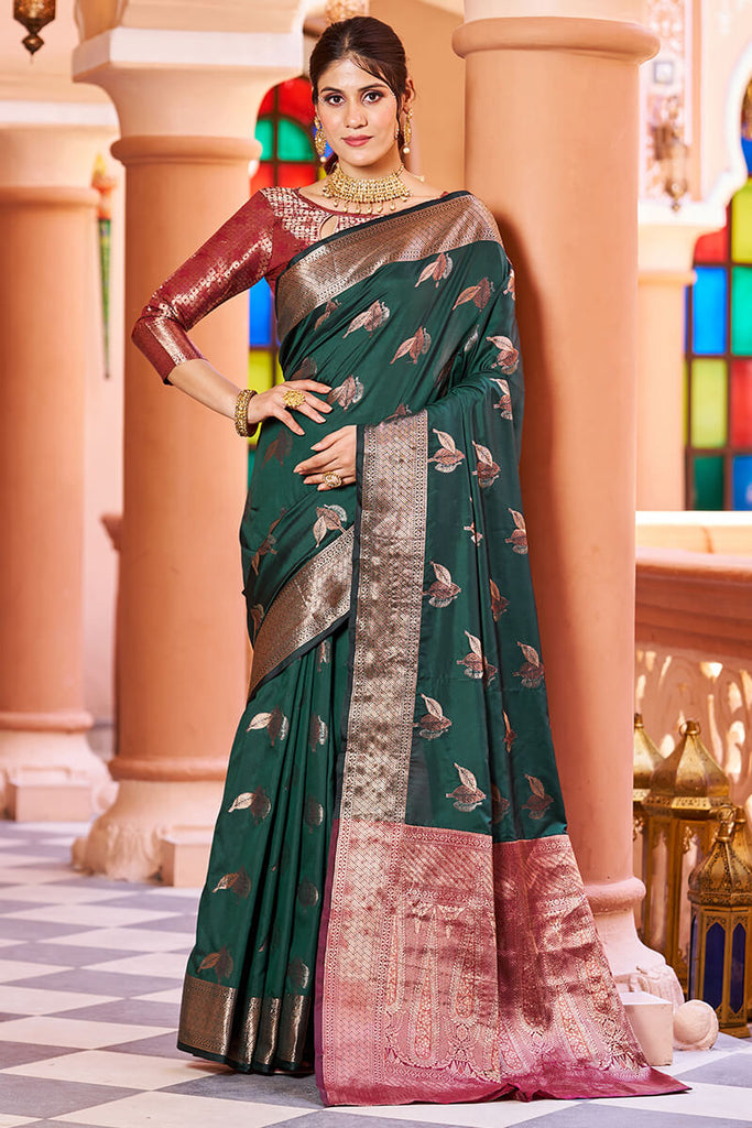 Flamboyant Dark Green Soft Banarasi Silk Saree With Pleasant Blouse Piece Bvipul