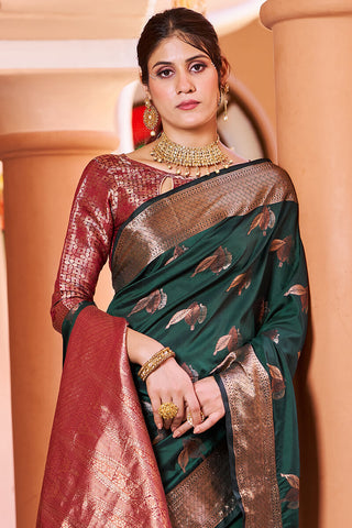 Flamboyant Dark Green Soft Banarasi Silk Saree With Pleasant Blouse Piece Bvipul