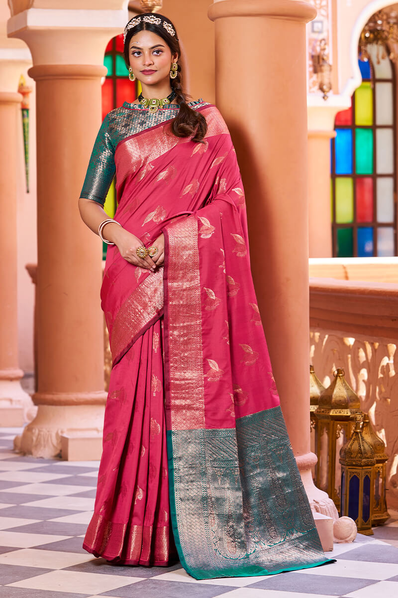 Most Stunning Dark Pink Soft Banarasi Silk Saree With Twirling Blouse Piece Bvipul