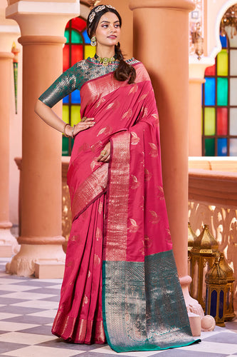 Most Stunning Dark Pink Soft Banarasi Silk Saree With Twirling Blouse Piece Bvipul
