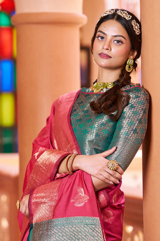Most Stunning Dark Pink Soft Banarasi Silk Saree With Twirling Blouse Piece Bvipul