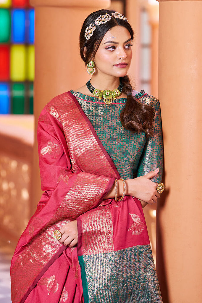 Most Stunning Dark Pink Soft Banarasi Silk Saree With Twirling Blouse Piece Bvipul