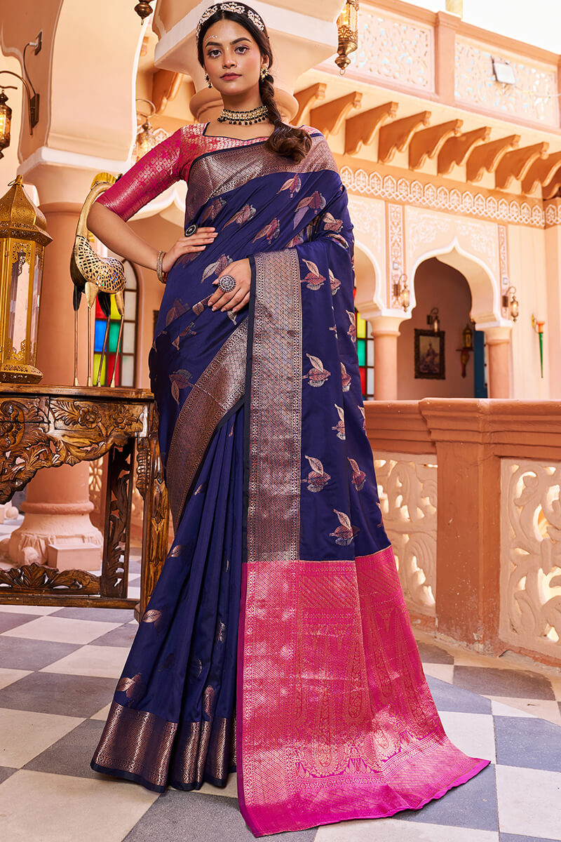 Inspiring Navy Blue Soft Banarasi Silk Saree With Entrancing Blouse Piece Bvipul Main image