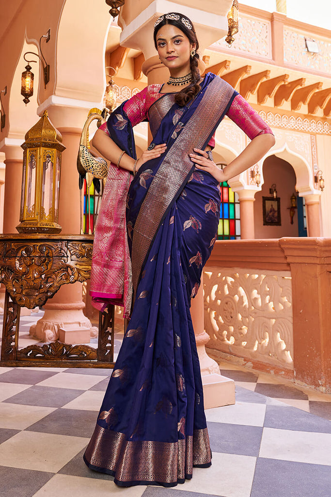 Inspiring Navy Blue Soft Banarasi Silk Saree With Entrancing Blouse Piece Bvipul