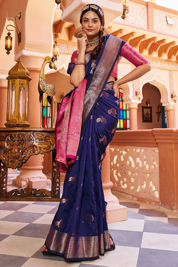 Inspiring Navy Blue Soft Banarasi Silk Saree With Entrancing Blouse Piece Bvipul