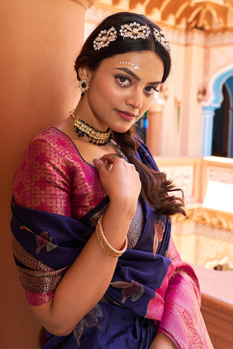Inspiring Navy Blue Soft Banarasi Silk Saree With Entrancing Blouse Piece Bvipul