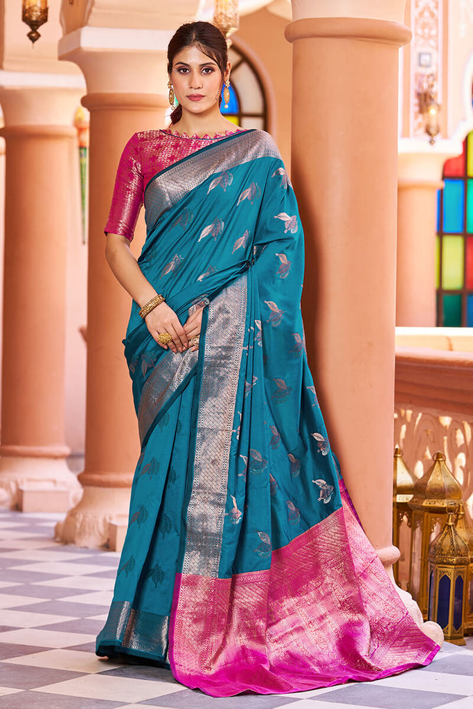 Stunner Rama Soft Banarasi Silk Saree With Enchanting Blouse Piece Bvipul