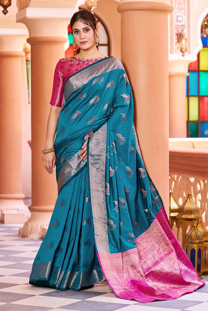 Stunner Rama Soft Banarasi Silk Saree With Enchanting Blouse Piece Bvipul