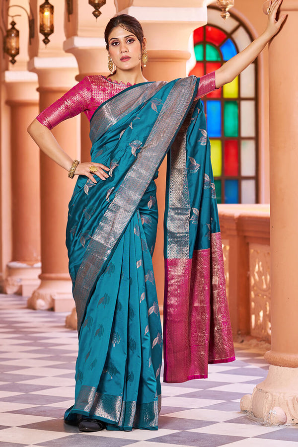 Stunner Rama Soft Banarasi Silk Saree With Enchanting Blouse Piece Bvipul