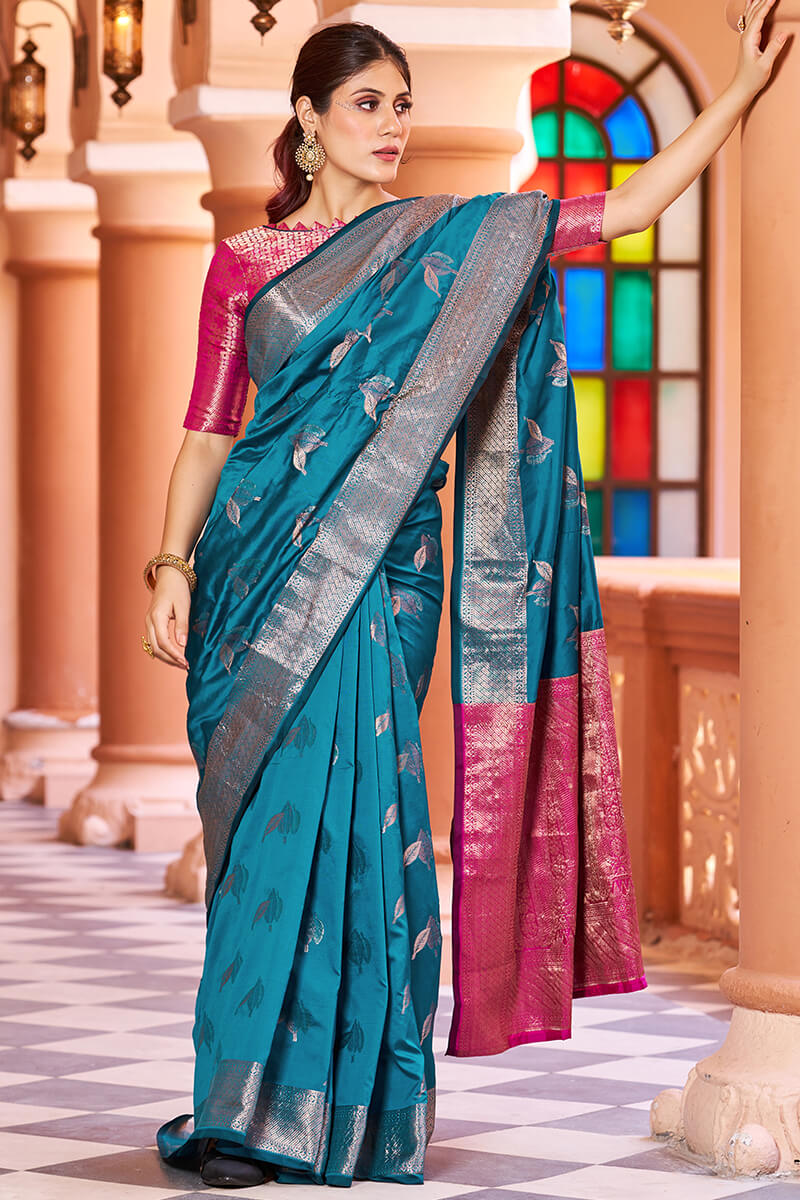 Stunner Rama Soft Banarasi Silk Saree With Enchanting Blouse Piece Bvipul
