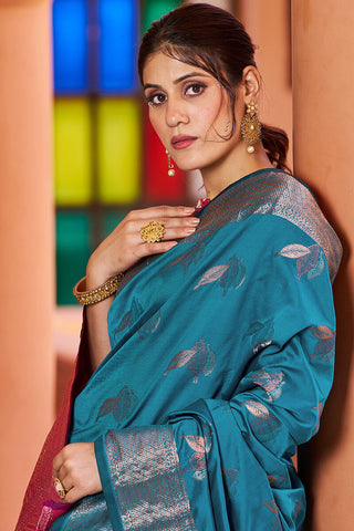 Stunner Rama Soft Banarasi Silk Saree With Enchanting Blouse Piece Bvipul