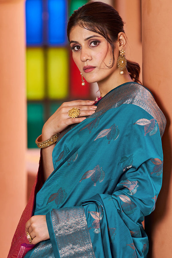 Stunner Rama Soft Banarasi Silk Saree With Enchanting Blouse Piece Bvipul