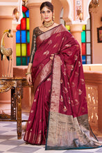 Load image into Gallery viewer, Classic Wine Soft Banarasi Silk Saree With A glam Blouse Piece Bvipul