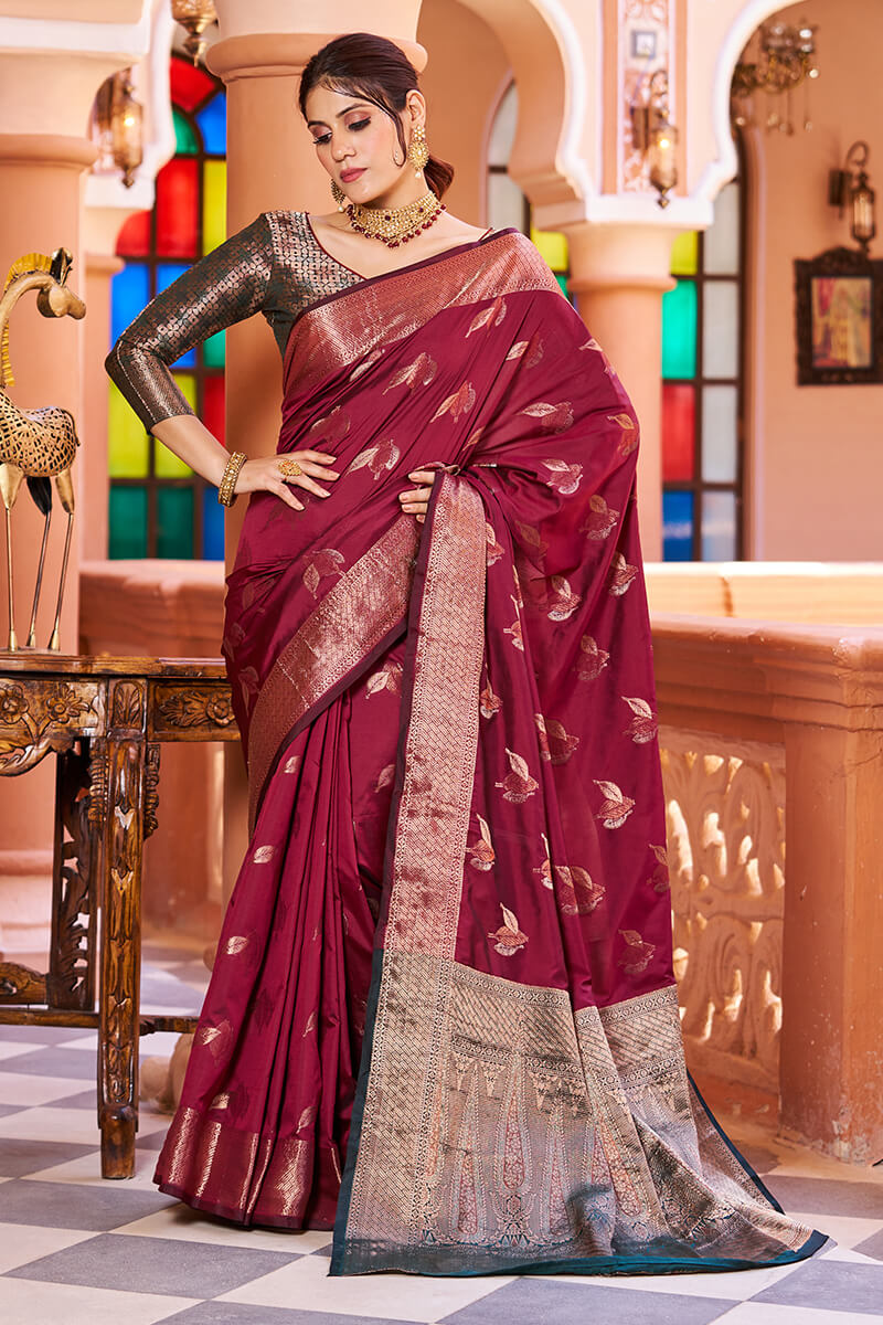Classic Wine Soft Banarasi Silk Saree With A glam Blouse Piece Bvipul
