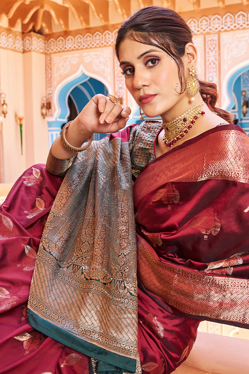 Classic Wine Soft Banarasi Silk Saree With A glam Blouse Piece Bvipul