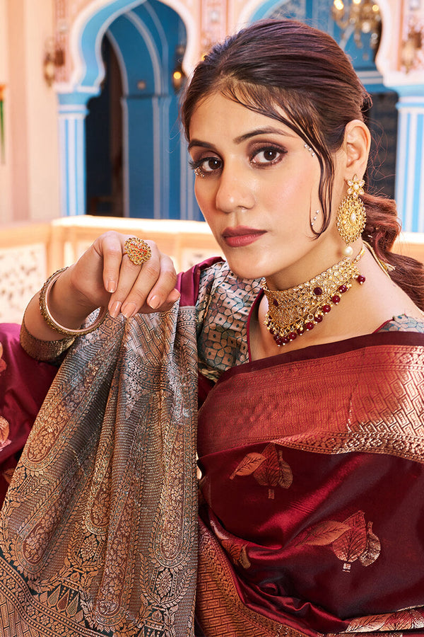 Classic Wine Soft Banarasi Silk Saree With A glam Blouse Piece Bvipul