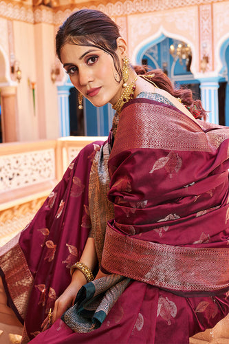 Classic Wine Soft Banarasi Silk Saree With A glam Blouse Piece Bvipul