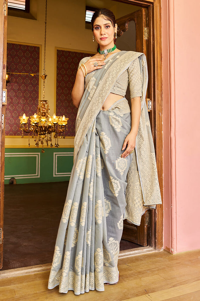 Comely Grey Linen Silk Saree With Excellent Blouse Piece Bvipul
