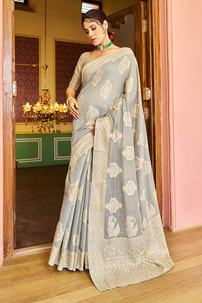 Comely Grey Linen Silk Saree With Excellent Blouse Piece Bvipul